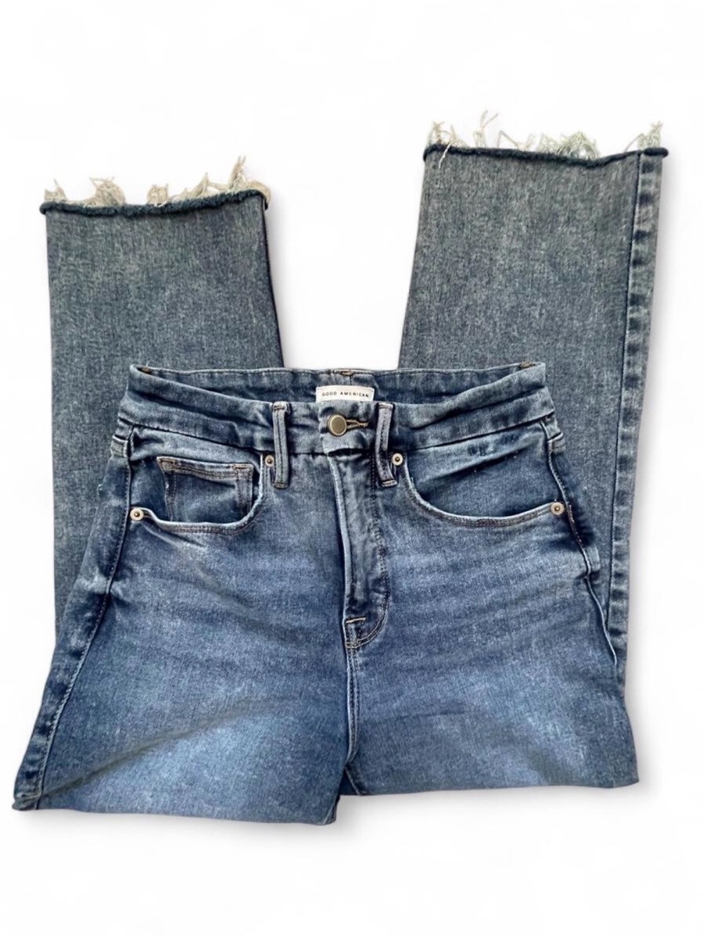 Good American High-Rise Straight Leg Jeans in Medium Blue Fade